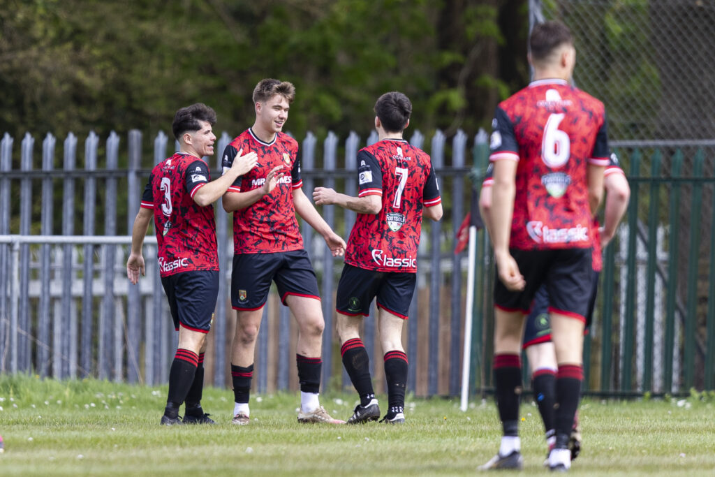 CARDIFF, WALES - 13TH APRIL 2024: 
Oliver Redhead of Caerau Ely celebrates scoring his sides first goal.
Caerau Ely v Pontardawe Town in the JD Cymru South at Cwrt Yr Ala on the 13th April 2024. (Pic by Lewis Mitchell/FAW)