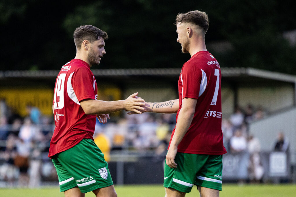 TAFFS WELL, WALES - 19th JULY 2024:
Isaac Richards of Merthyr Town celebrates scoring his sides third goal.
Taffs Well v Merthyr Town in the Nathaniel MG Cup at Rhiw Dda’r on the 19th July 2024. (Pic by Lewis Mitchell/FAW)