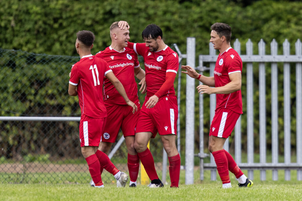 William Bevan of Trethomas Bluebirds celebrates scoring his sides third goal. 
Cwmbran Celtic v Trethomas Bluebirds both of the Cymru South in the Nathaniel MG Cup at Celtic Park on the 20th July 2024. (