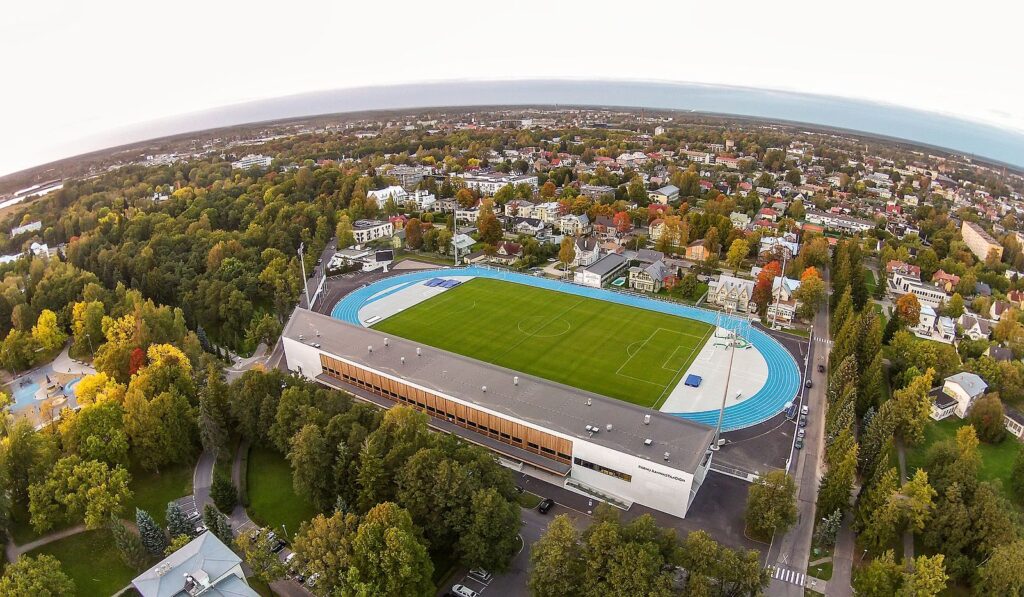 An aerial view of the Pärnu Beach Stadium, where Paide Linnameeskond will be playing. 