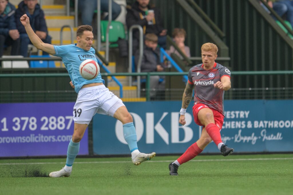 Bala Town in action against Paide Linnameeskond in the UEFA Conference League. 