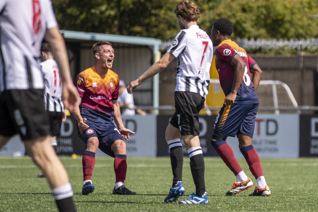 Cardiff Met's Dixon Kabongo equalises for the visiting side during the JD Cymru Premier fixture between Flint Town United and Cardiff Met University at the Essity Stadium, Flint, Wales