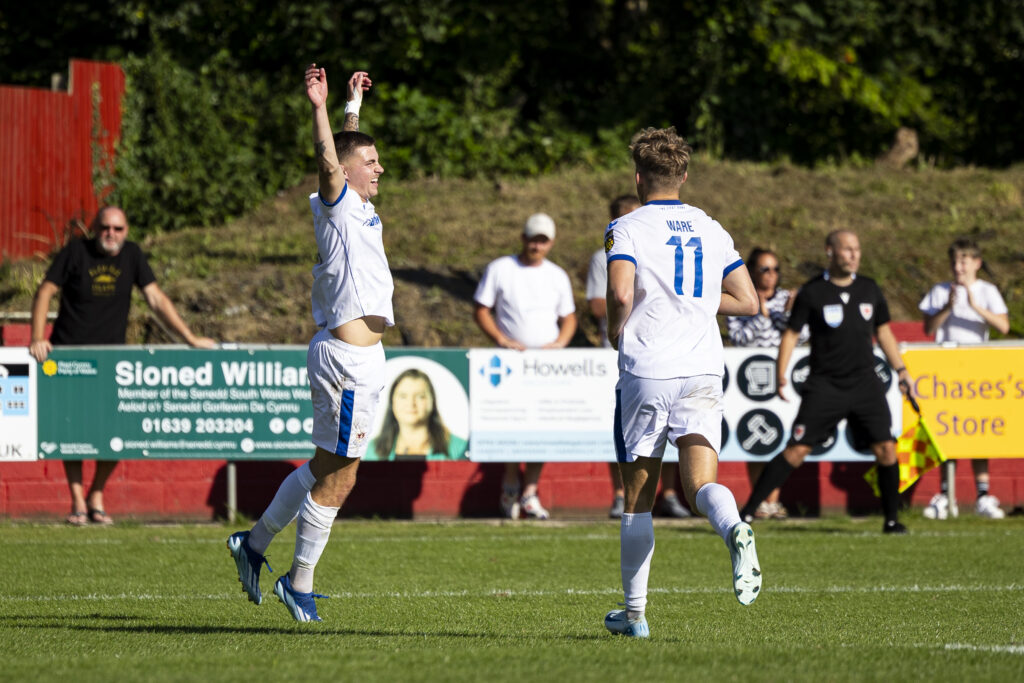 James Crole of Penybont celebrates scoring his sides second goal. Briton Ferry Llansawel v Penybont in the JD Cymru Premier at Old Road