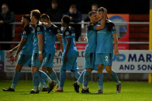 Matt Chubb celebrates scoring for Cardiff Met against Briton Ferry