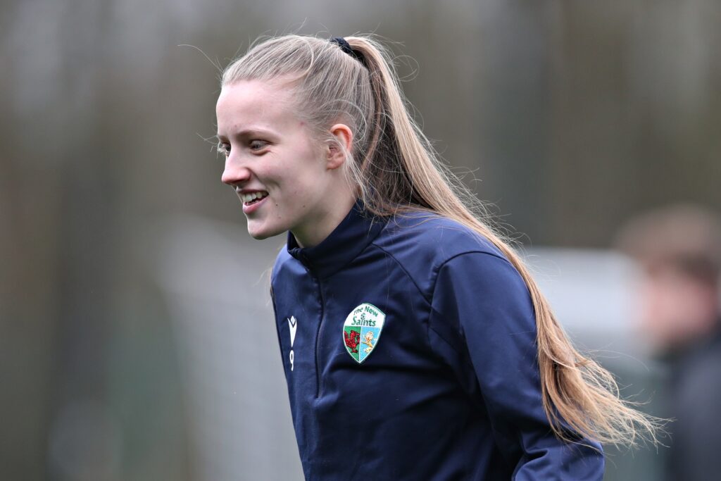 Chantelle Teare warms up for TNS ahead of their Adran Trophy semi-final against Swansea City