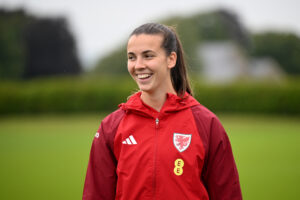 FC Twente goalkeeper Olivia Clarke smiles during a training session with Wales