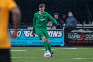 Lllandudno's Cameron Darling during the Nathaniel MG Cup First Round fixture between Llandudno and Newport County at the Go Goodwin’s Stadium, Llandudno, Wales