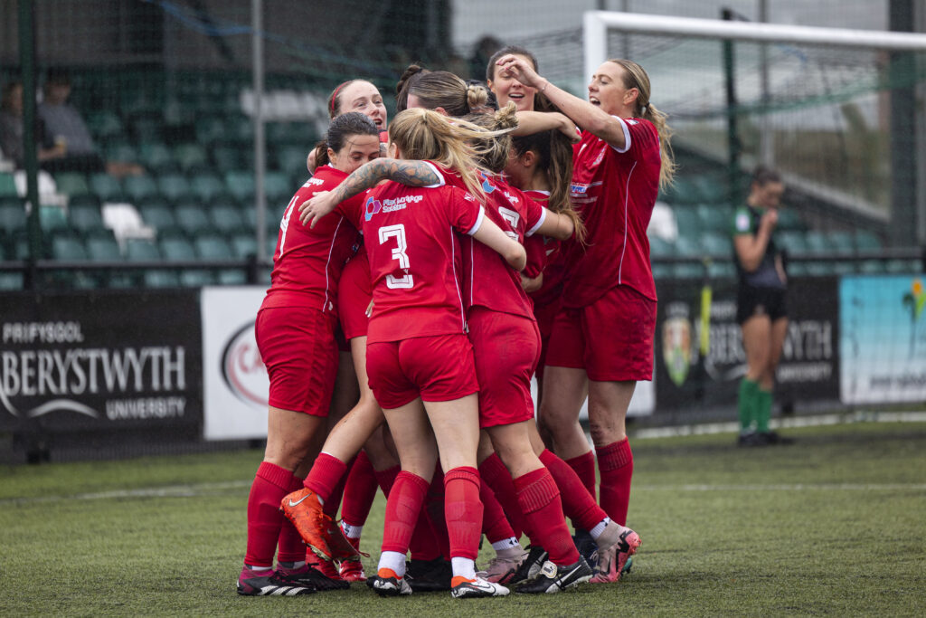 Maia Owen of Briton Ferry celebrates scoring her sides first goal. Aberystwyth Town v Briton Ferry Llansawel in the Genero Adran Premier at Park Avenue on the 15th September 2024