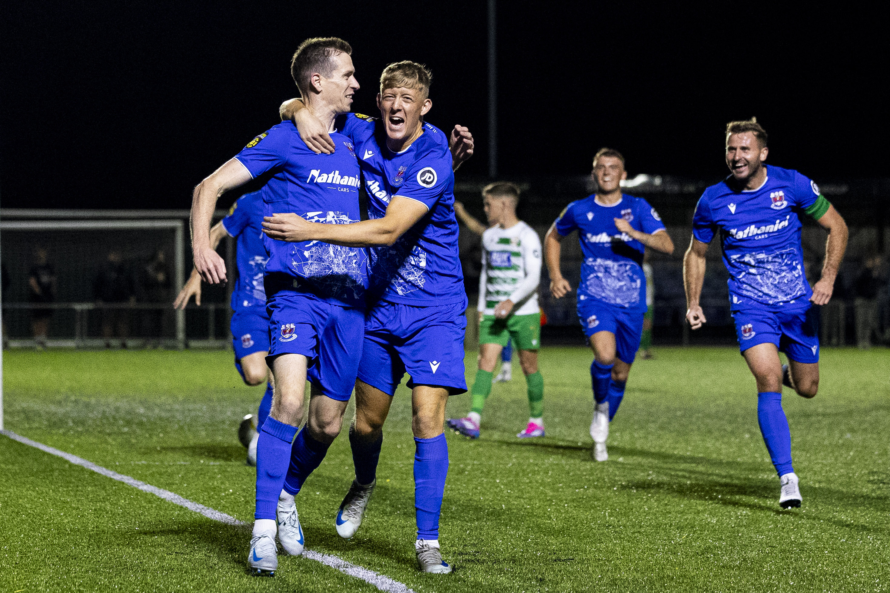 Chris Venables celebrates scoring for Penybont against TNS