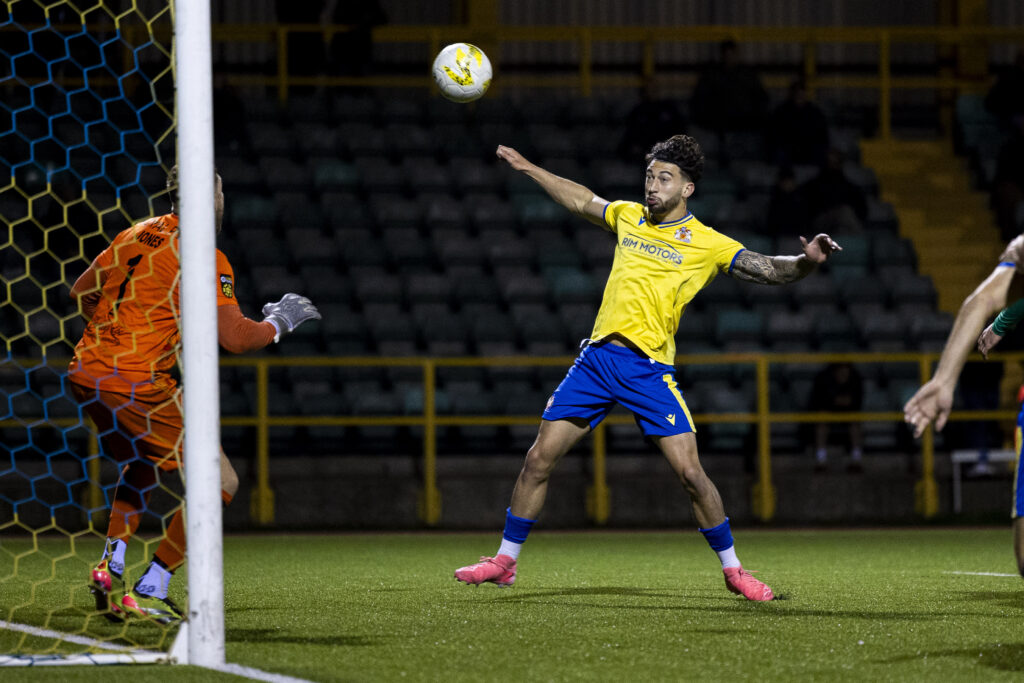 Ollie Hulbert of Barry Town United in action.
Barry Town United v Aberystwyth Town in the JD Cymru Premier at Jenner Park on the 27th September 2024.