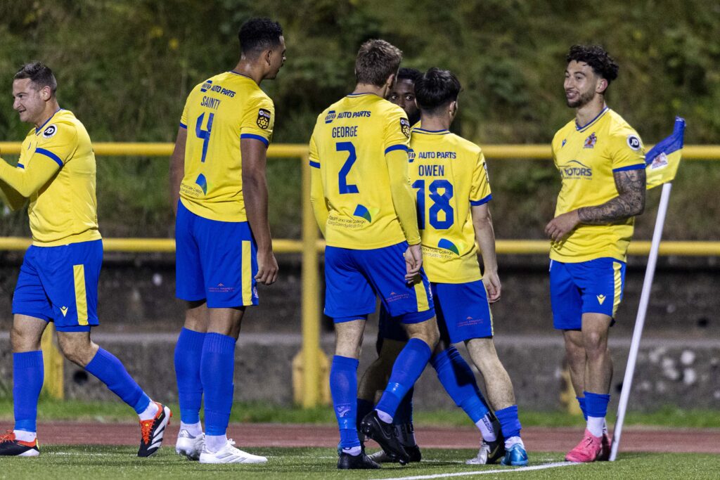 Ollie Hulbert of Barry Town United celebrates scoring his sides first goal. 
Barry Town United v Aberystwyth Town in the JD Cymru Premier at Jenner Park on the 27th September 2024