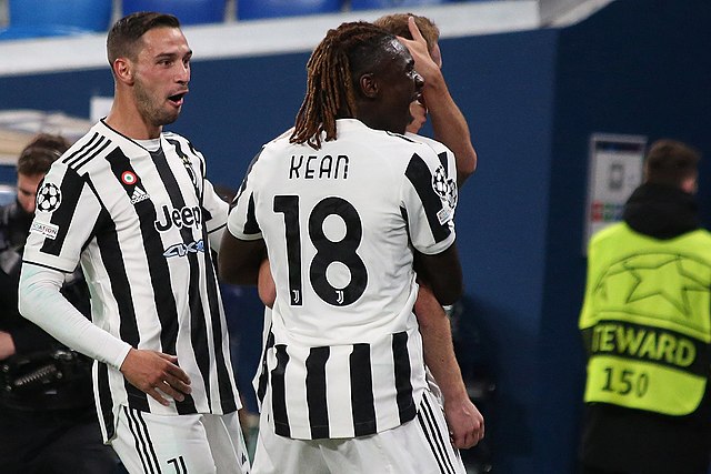 Now Fiorentina striker Moise Kean celebrates with his Juventus teammates against FC Zenit Saint Petersburg