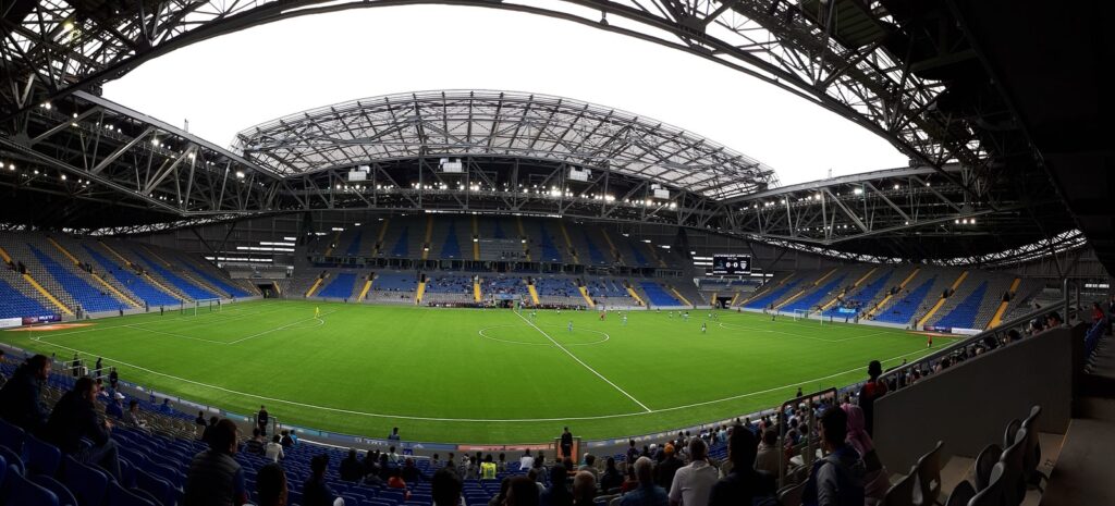 Panorama of the Astana Arena during the Kazakhstan Premier League match between Astana and Atyrau on 9 September 2017.