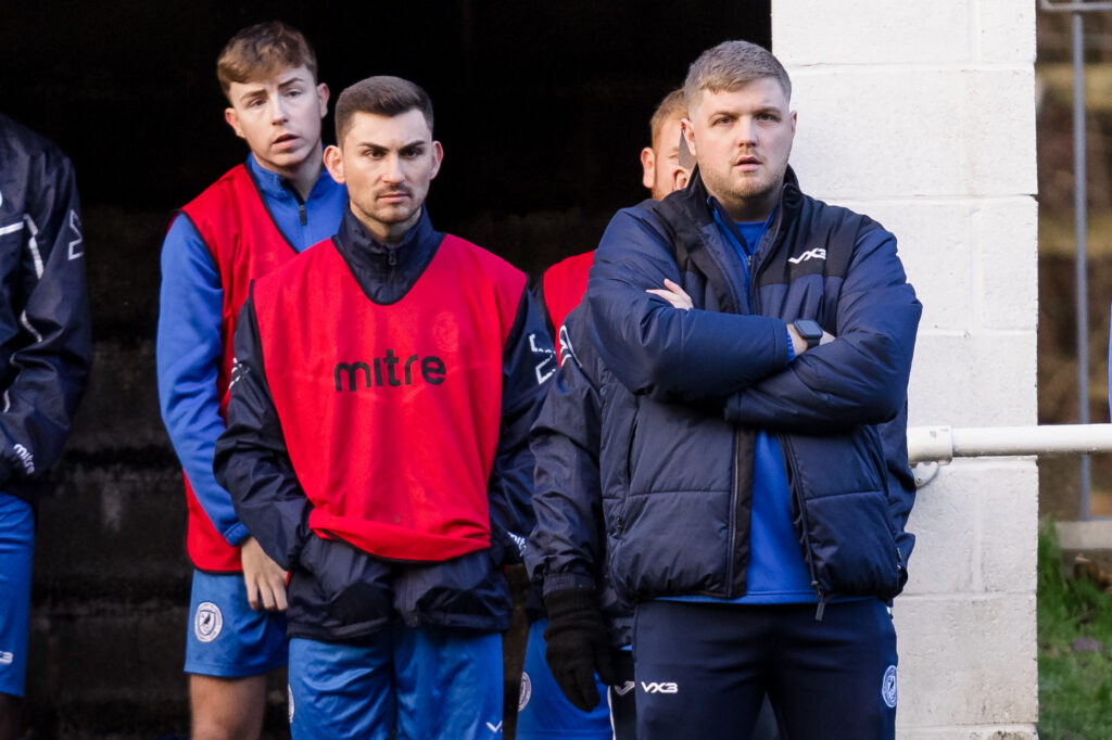 Abertillery manager Josh Anderson during the 2023/24 JD Cymru South League fixture between Abertillery Bluebirds F.C & Taffs Well FC at Cwm Nant Y Groes