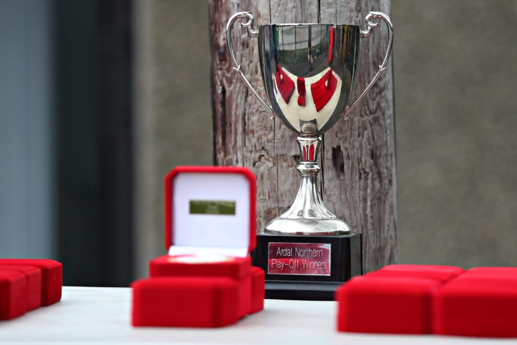 A general view of the Ardal play-off winners trophy. A trophy for Ardal North West and North East clubs.