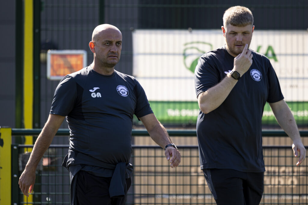 Pontypridd United manager Gavin Allen and his assistant Josh Anderson ahead of kick off.
Pontypridd United v Trethomas Bluebirds in the JD Cymru South