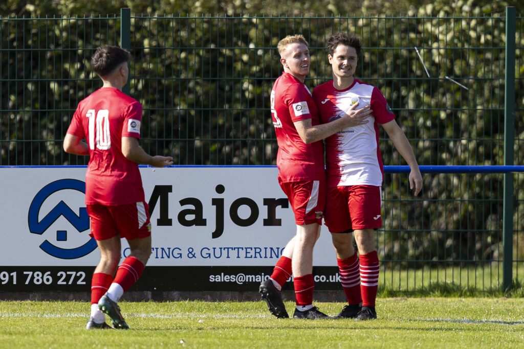 Kyran Gardner of Goytre United celebrates scoring his sides first goal directly from a corner.
Llantwit Major v Goytre United in the JD Cymru South at Windmill Lane on the 5th of October 2024