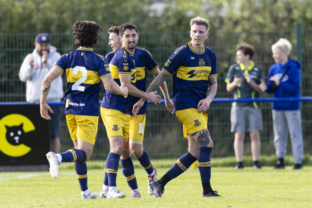 Sean Williams of Llantwit Major celebrates scoring his sides first goal.
Llantwit Major v Goytre United in the JD Cymru South at Windmill Lane on the 5th of October 2024