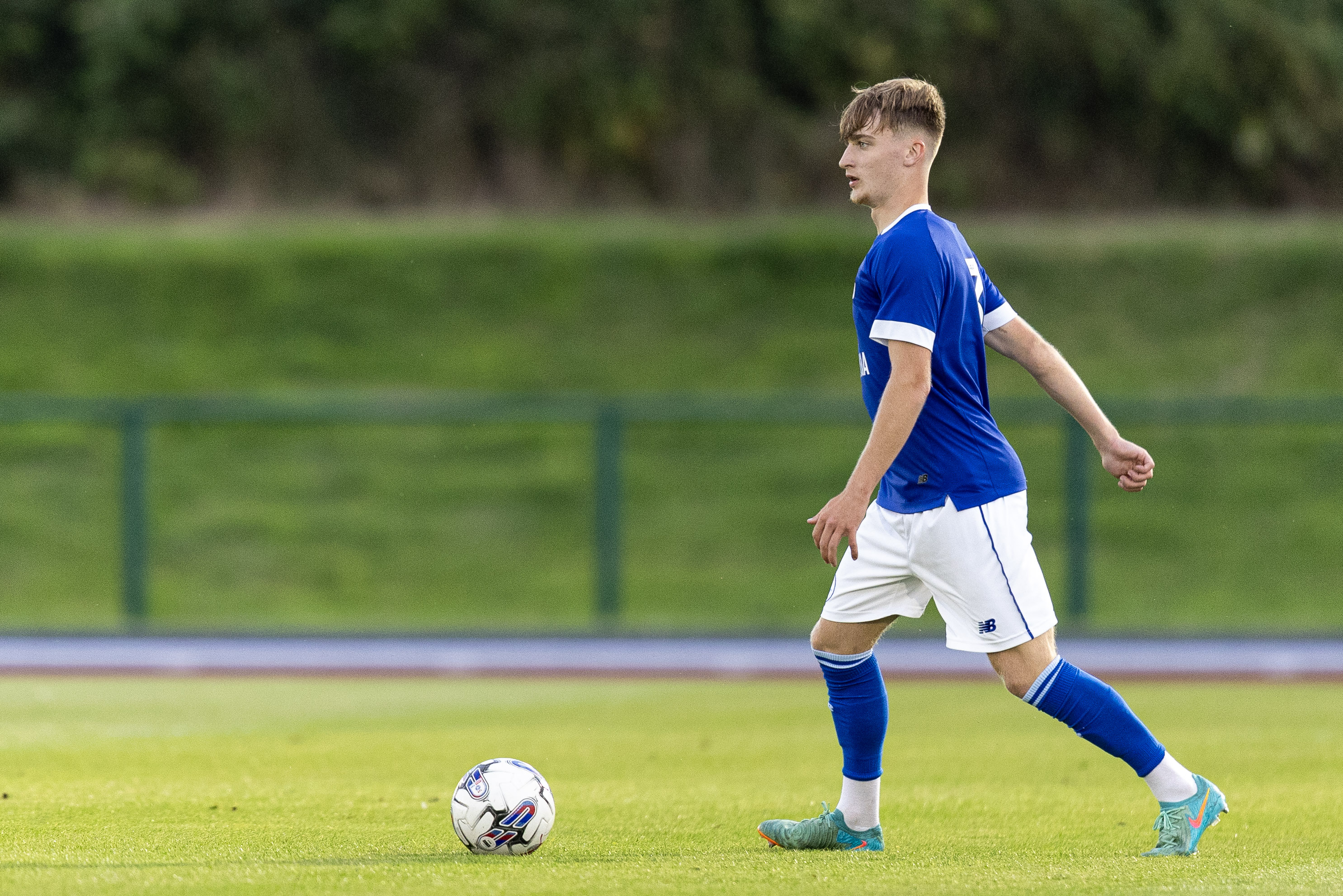 Josh Beecher of Cardiff City in action during the Nathaniel MG Cup match against Pontypridd United at Cardiff International Sports Stadium on 2 August 2024.