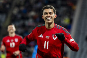 Brennan Johnson of Wales celebrates scoring his sides first goal. Iceland v Wales in the UEFA Nations League at Laugardalsvöllur Stadium on the 11th October 2024.