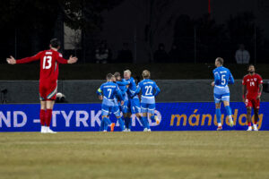 Iceland players celebrate scoring against Wales in the UEFA Nations League