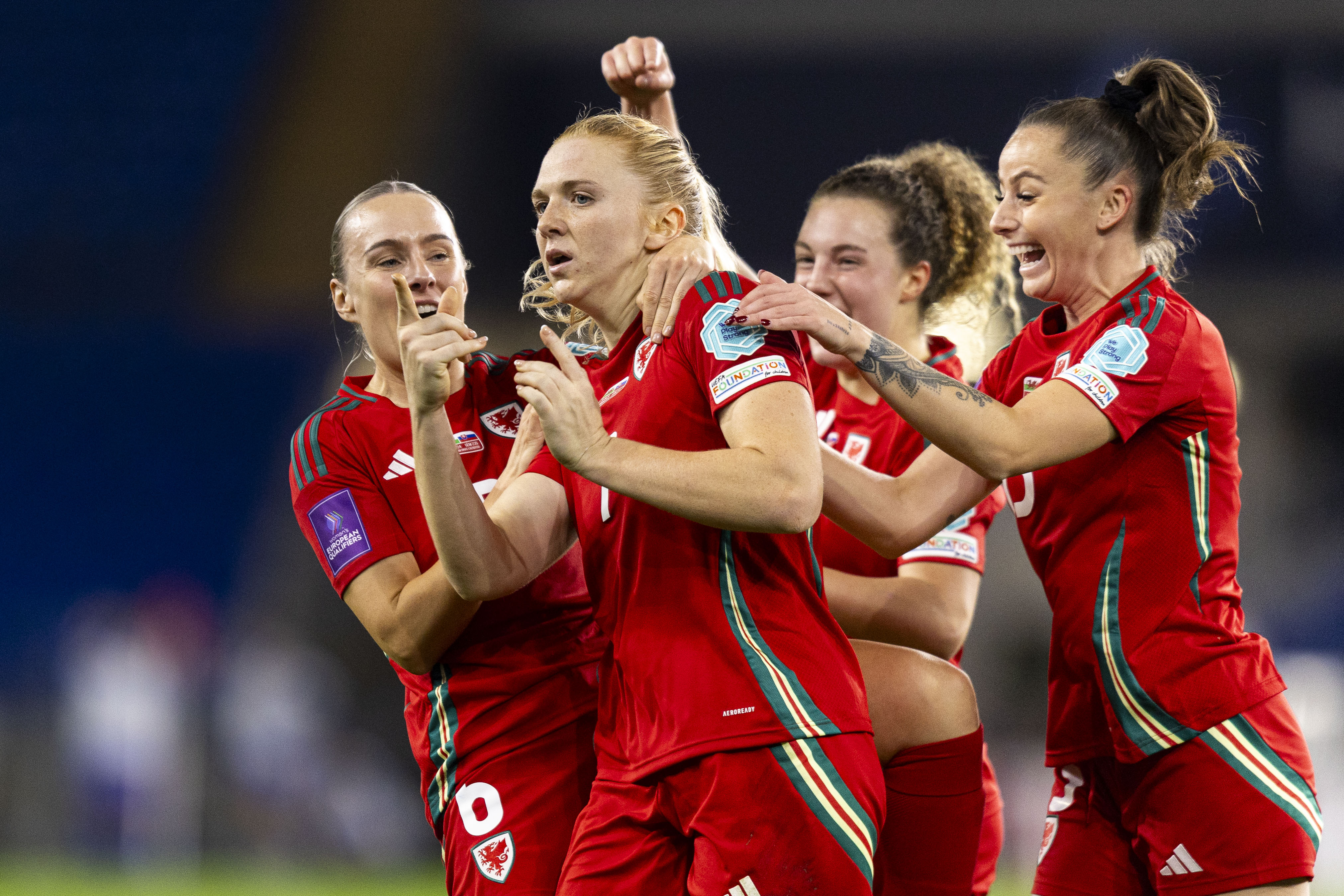 Ceri Holland of Wales celebrates scoring her sides second goal. Wales v Slovakia in the UEFA Women’s European Qualifying Play-offs at Cardiff City Stadium on the 29th October 2024