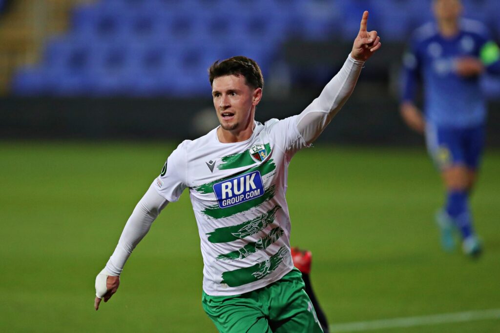 The New Saints Rory Holden celebrates his goal during the UEFA Conference League Group Stage fixture between The New Saints (Wales) and FC Astana (Kazakhstan) at The Crowd Meadow Stadium, Shrewsbury. 24th of October, Shrewsbury, England