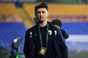 TNS Rory Holden before the UEFA Conference League Group Stage fixture between The New Saints (Wales) and FC Astana (Kazakhstan) at The Crowd Meadow Stadium, Shrewsbury. 24th of October, Shrewsbury, England