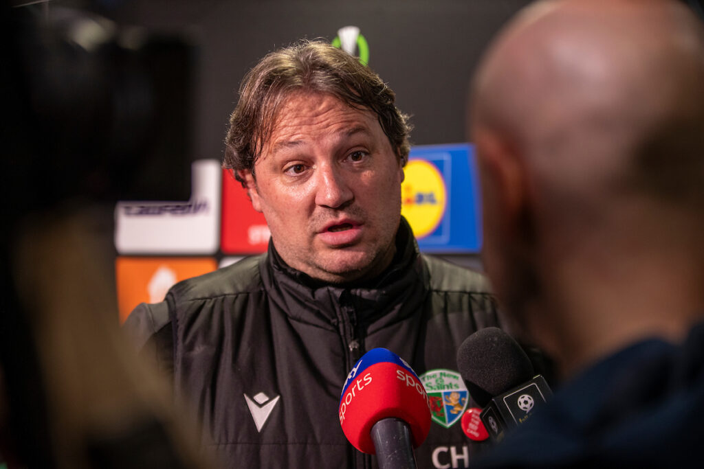 TNS manager, Craig Harrison speaks to Sky Sports following the UEFA Conference League Group Stage fixture between The New Saints (Wales) and FC Astana (Kazakhstan) at The Crowd Meadow Stadium, Shrewsbury. 24th of October, Shrewsbury, England 