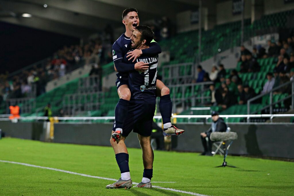 TNS' Jordan Williams celebrates his goal during Shamrock Rovers FC (Ireland) vs The New Saints (Cymru) in Round 3 of the UEFA Conference League at the Tallaght Stadium, Dublin