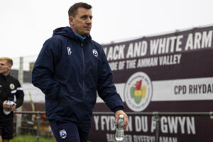 Haverfordwest County manager Tony Pennock ahead of kick off, Ammanford v Haverfordwest County in the JD Welsh Cup at The Recreation Ground on the 16th November 2024.