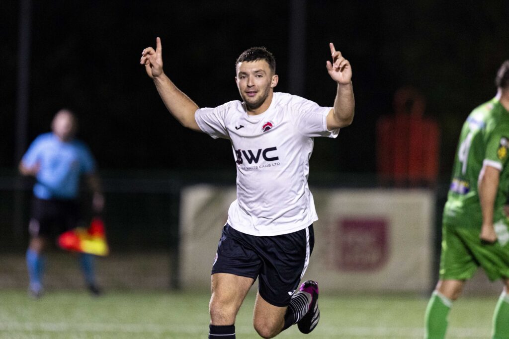 TREFOREST, WALES - 1ST NOVEMBER 2024: 
Liam Eason of Pontypridd United celebrates scoring his sides second goal.
Pontypridd United v Ammanford in the JD Cymru South at USW Sports Park on the 1st November 2024.