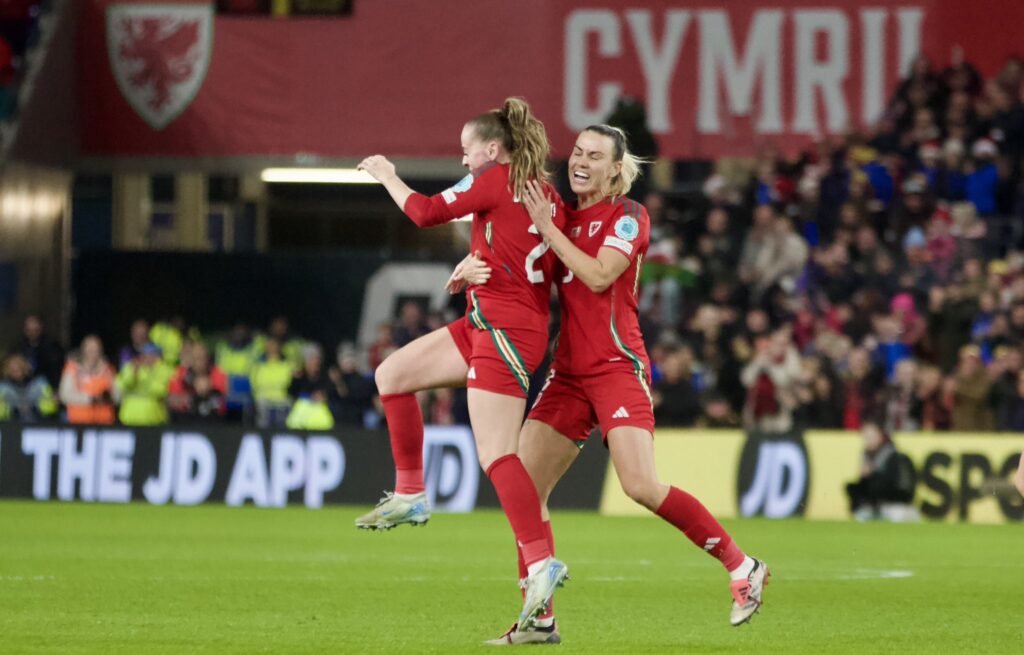 Wales defender Lily Woodham celebrates the opening goal at The Cardiff City Stadium. (Image courtesy of Josh Thomas).