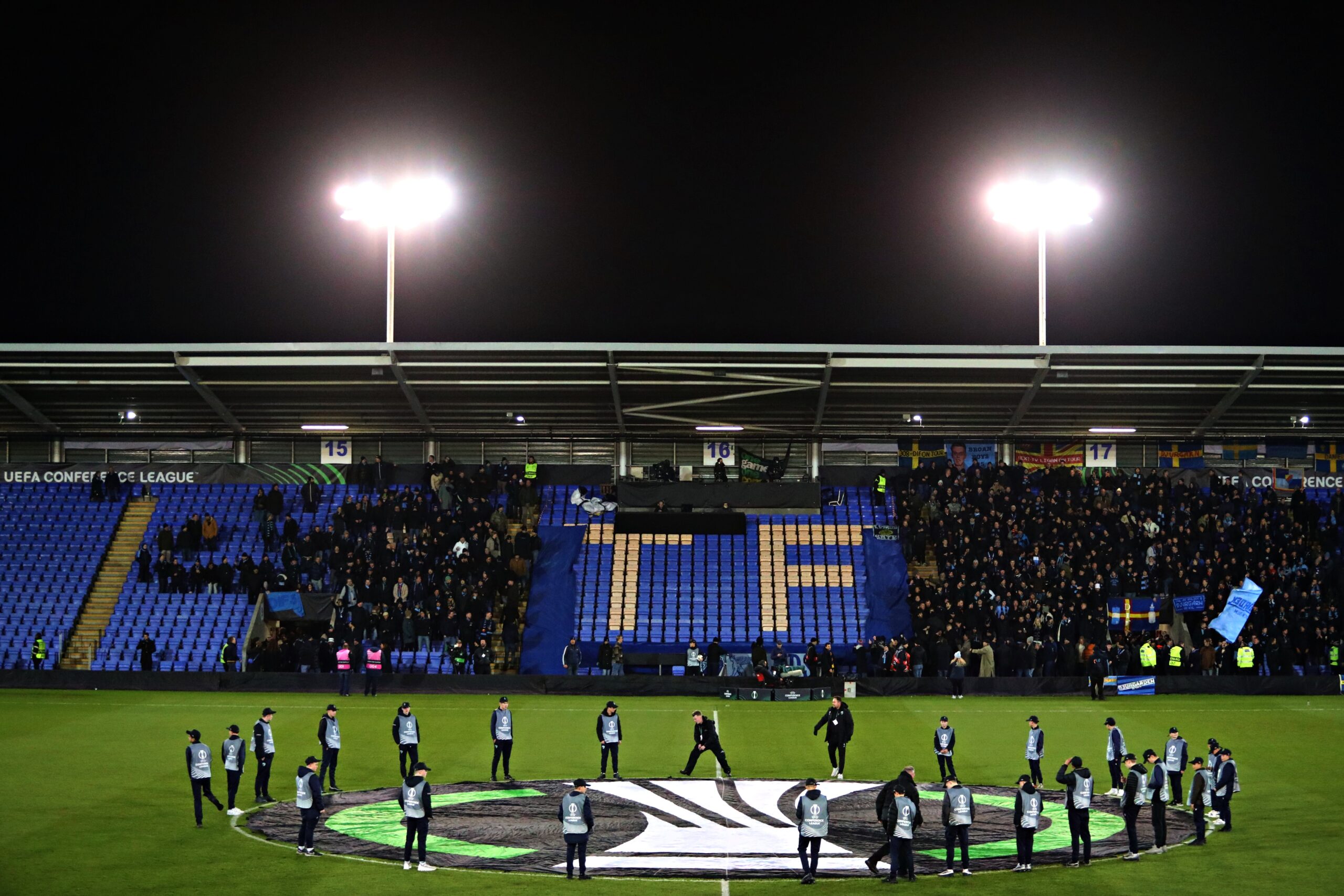 SHREWSBURY, SHROPSHIRE, ENGLAND - 28th NOVEMBER 2024 - A general view of the Croud Meadow before The New Saints vs Djurgardens IF Fotboll in matchday 4 of the UEFA Conference League at The Croud Meadow, Shrewsbury