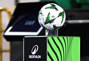 TALLAGHT, DUBLIN, IRELAND - 7th NOVEMBER 2024 - Conference League plinth and match ball before Shamrock Rovers FC (Ireland) vs The New Saints (Cymru) in Round 3 of the UEFA Conference League at the Tallaght Stadium, Dublin