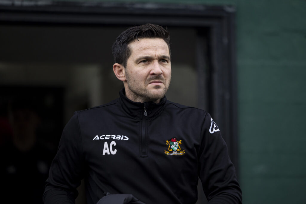 Aberystwyth Town manager Antonio Corbisiero ahead of kick off.
Aberystwyth Town v Cardiff City in the Nathaniel MG Cup Semi Final at Park Avenue on the 30th November 2024