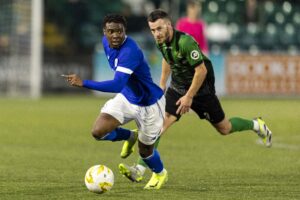 Ronan Kpakio of Cardiff City in action. Aberystwyth Town v Cardiff City in the Nathaniel MG Cup Semi Final at Park Avenue on the 30th November 2024.