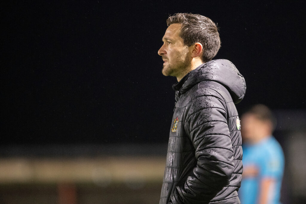 Aberystwyth Town Manager, Antonio Corbisiero during the JD Cymru Premier fixture between Flint Town United and Aberystwyth Town at the Essity Stadium, Flint. 4th of December, Flint, Wales