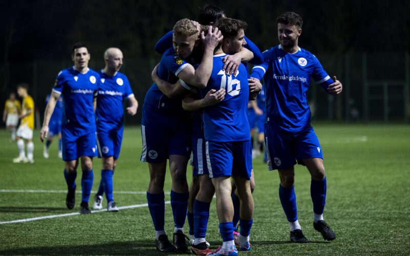 Jack Jones of Trethomas Bluebirds celebrates scoring his sides third goal. Trethomas Bluebirds v Carmarthen Town in the JD Cymru South at the Centre For Sporting Excellence on the 28th December 2024.