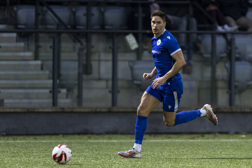 Gareth Tedstone of Trethomas Bluebirds in action.
Trethomas Bluebirds v Carmarthen Town in the JD Cymru South at the Centre For Sporting Excellence on the 28th December 2024