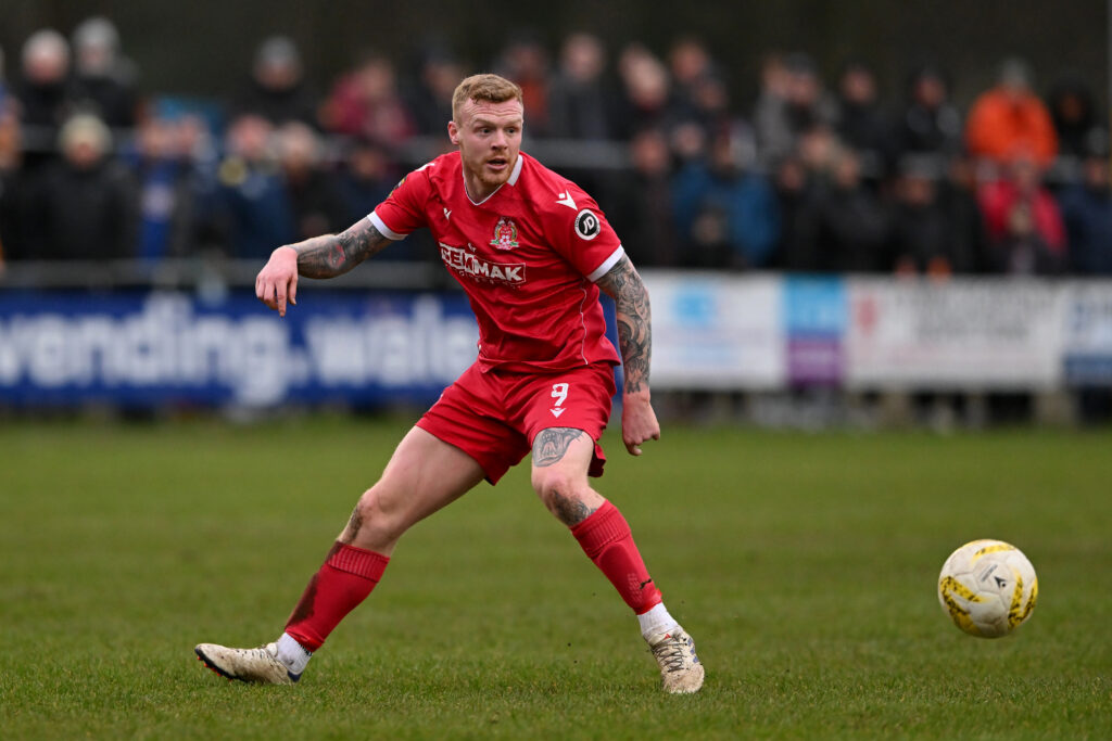 Briton Ferry Llansawel's Tom Walters during the JD Cymru Premier 24/25 Phase 1 match between Briton Ferry Llansawel FC and Barry Town United at Old Road Welfare Ground in Briton Ferry on the 31st December 2024