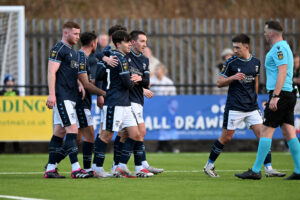 Haverfordwest County's Daniel Hawkins celebrates scoring his sides first goal during the JD Cymru Premier 24/25 Phase 1 match between Haverfordwest County A.F.C and Aberystwyth Town F.C. at Bridge Meadow Stadium in Haverfordwest on the 1st January 2025.