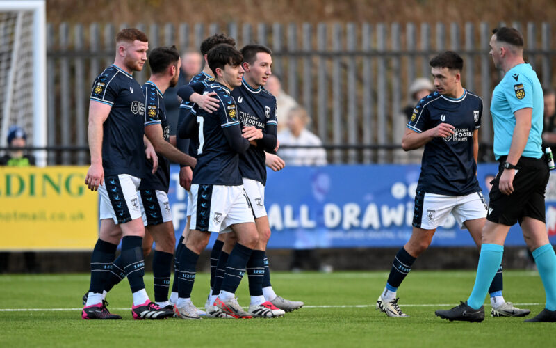 Haverfordwest County's Daniel Hawkins celebrates scoring his sides first goal during the JD Cymru Premier 24/25 Phase 1 match between Haverfordwest County A.F.C and Aberystwyth Town F.C. at Bridge Meadow Stadium in Haverfordwest on the 1st January 2025.