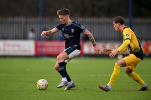 Corey Shephard during the JD Cymru Premier 24/25 Phase 1 match between Haverfordwest County A.F.C and Aberystwyth Town F.C. at Bridge Meadow Stadium in Haverfordwest on the 1st January 2025.