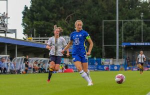 Sweden's Magdalena Eriksson (16) of Chelsea Women during the FA Women Super League football match between Chelsea and Everton at Kingsmeadow on 12 September 2021.