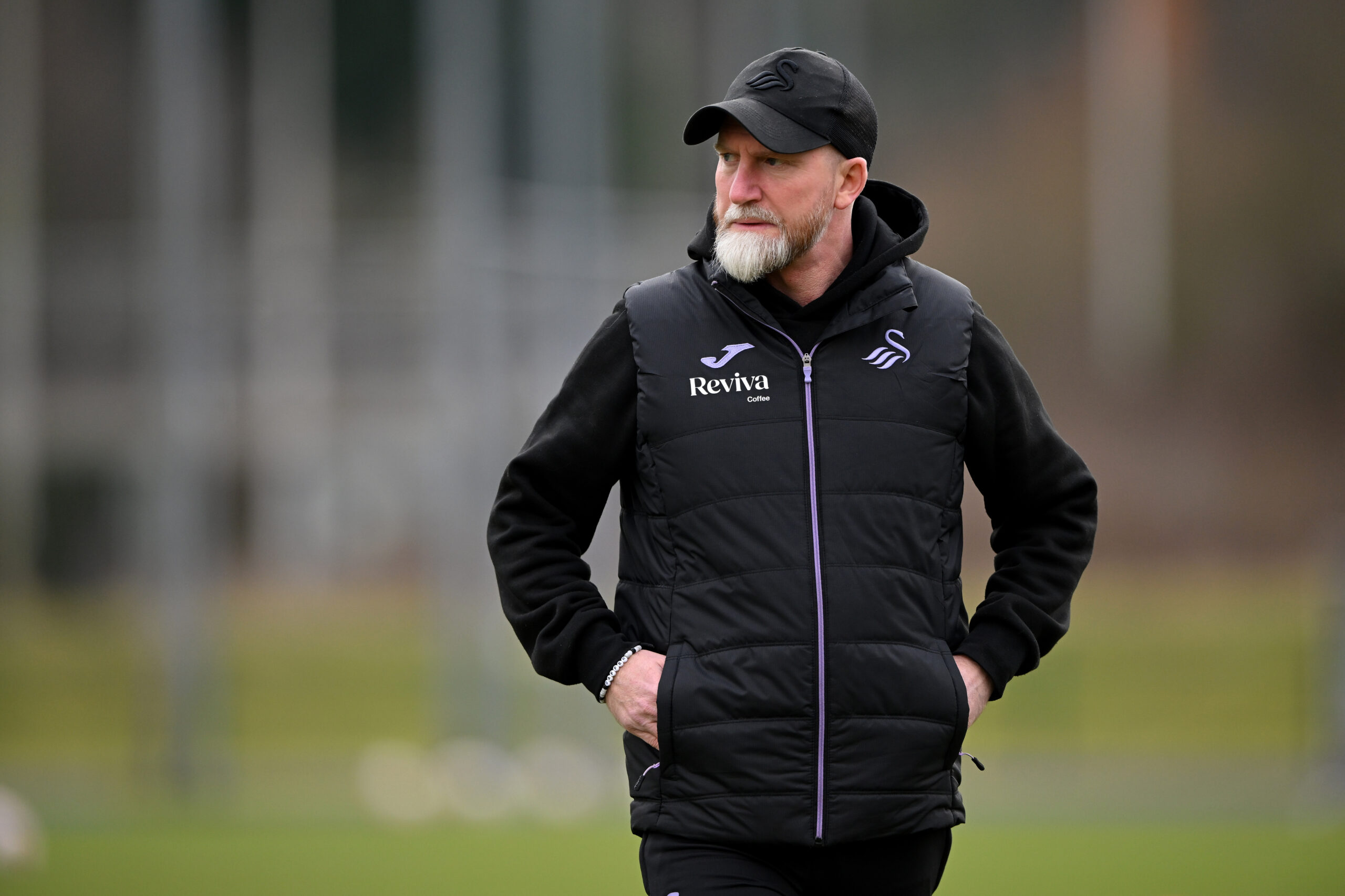 Jamie Sherwood, Manager of Swansea City Women in the Genero Adran Premier fixture between Cardiff City Women FC and Swansea City Women FC at Leckwith Stadium in Cardiff, Wales