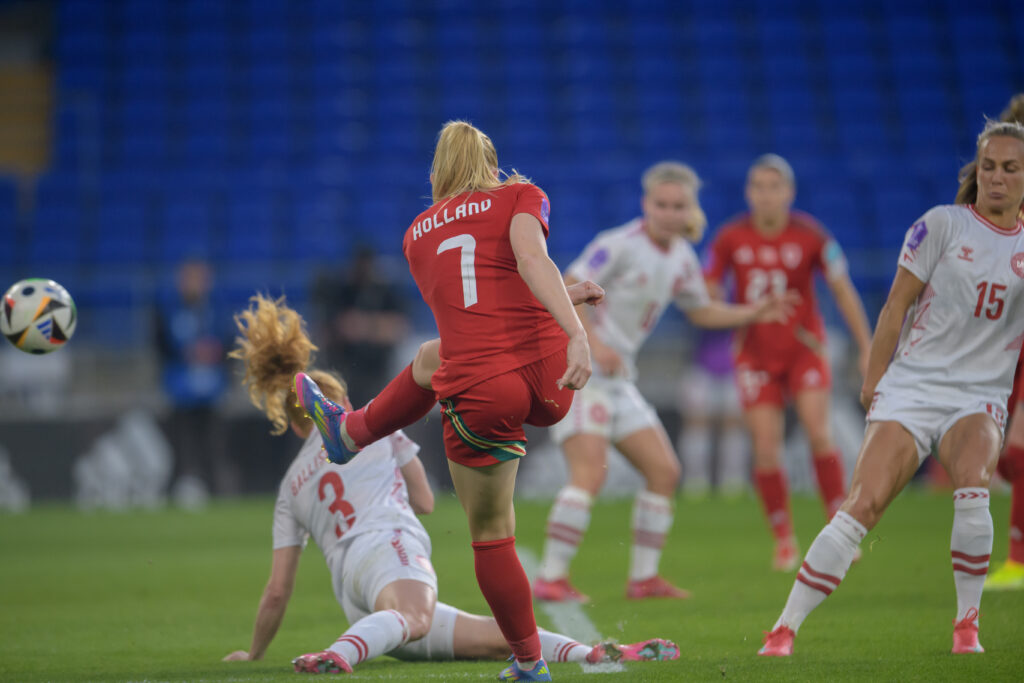 Liverpool's Ceri Holland takes a shot during Wales v Denmark in the UEFA Nations League