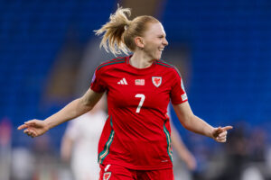 Wales' Ceri Holland scores and celebrates making the game 1-1 during the UEFA Women’s Nations League A Match between Wales and Denmark at The Cardiff City Stadium in Cardiff on the 4th April 2025