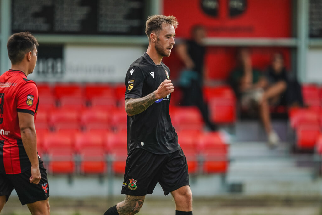 Alex Bonthron of Llanelli Town with his first Llanelli Town goal during the Nathaniel MG Cup 2025/26 fixture Ynyshir Albions vs Llanelli Town at Ynyshir Oval, Ynyshir, Wales