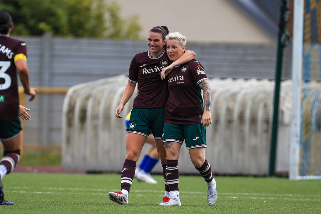 Stacey John-Davis of Swansea City Women celebrates after scoring during the 2025/26 Genero Adran Premier league fixture between Barry Town United Women and Swansea City Women at Jenner Park Stadium, Barry, Wales